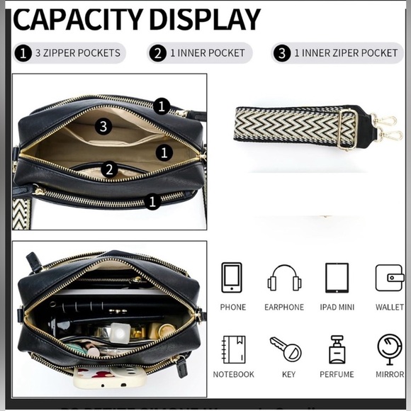 Petite Simone Crossbody Bag – Chevron Strap, Multiple Organizing Pockets - Picture 3 of 6